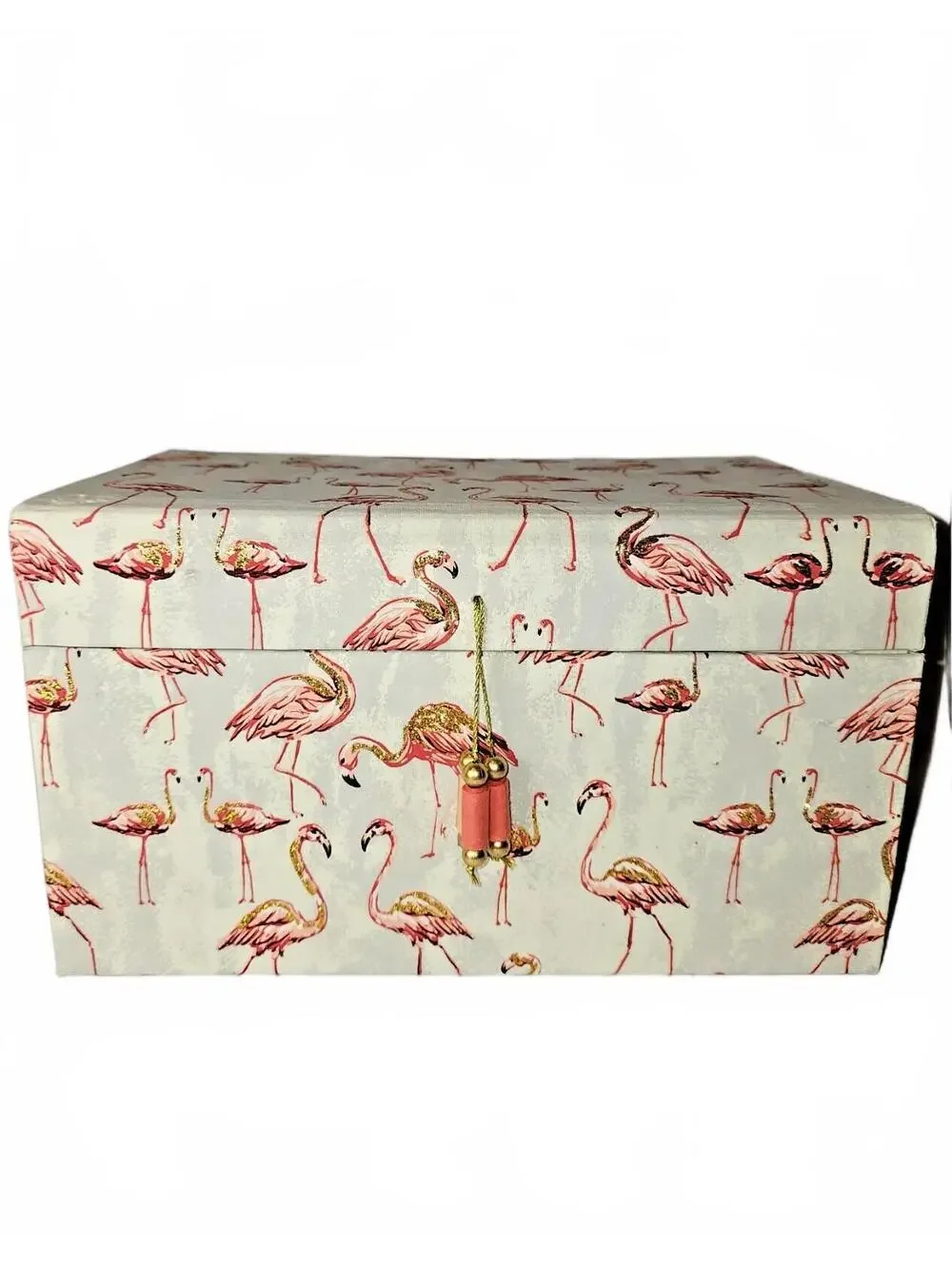Decorative Flamingo Pattern Storage Box with Lid and Tassel Closure